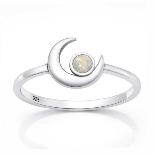 Silver Stone Ring - Crescent Moon
