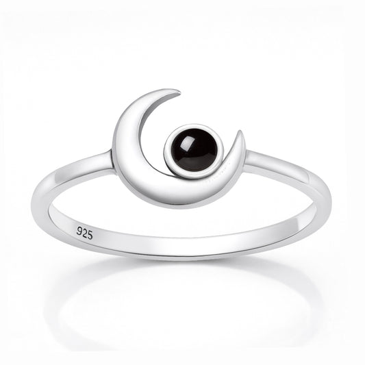 Silver Stone Ring - Crescent Moon
