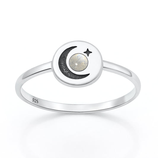 Silver Stone Ring - Moon & Star