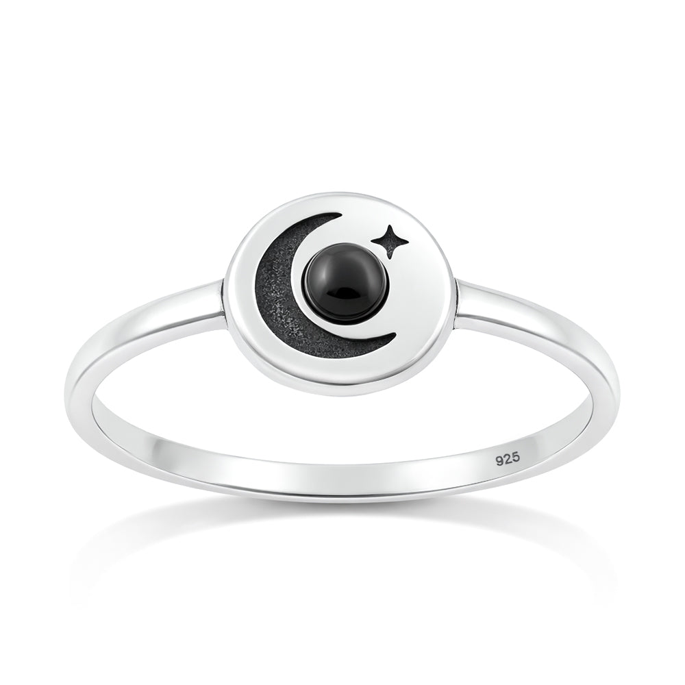 Silver Stone Ring - Moon & Star