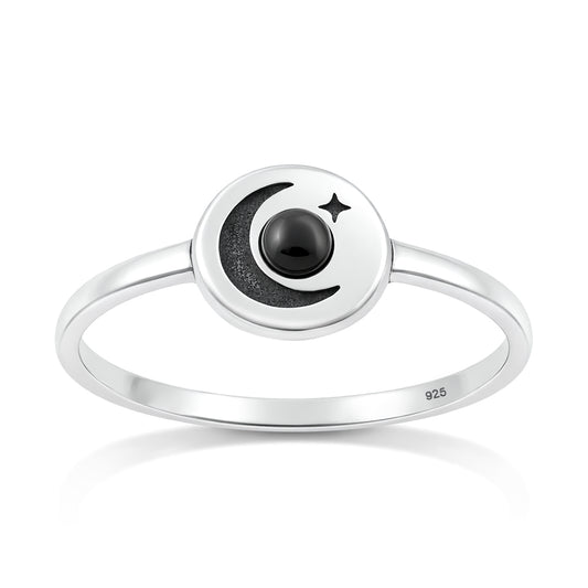 Silver Stone Ring - Moon & Star