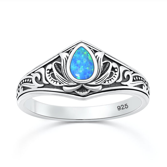 Silver Lab Opal Ring - Floral Filigree