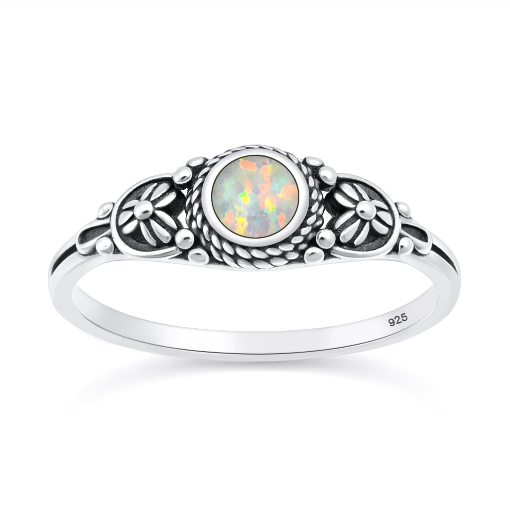 Silver White Lab Opal Ring - Floral