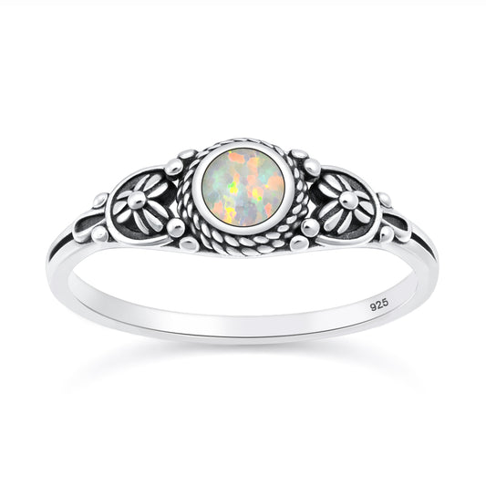 Silver White Lab Opal Ring - Floral