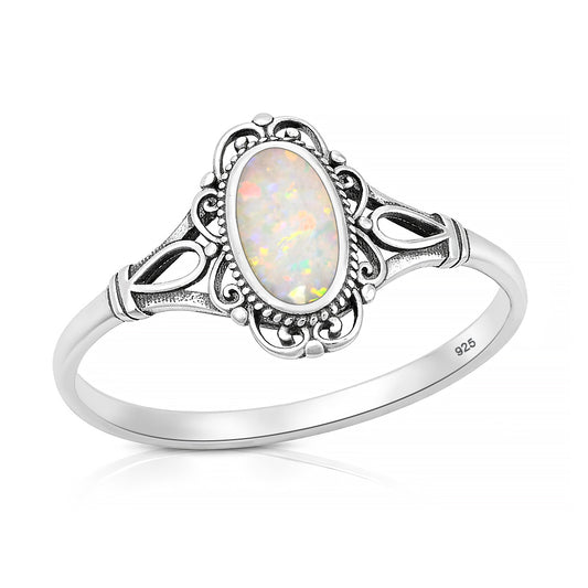 Silver Lab Opal Ring - Vintage Style Filigree
