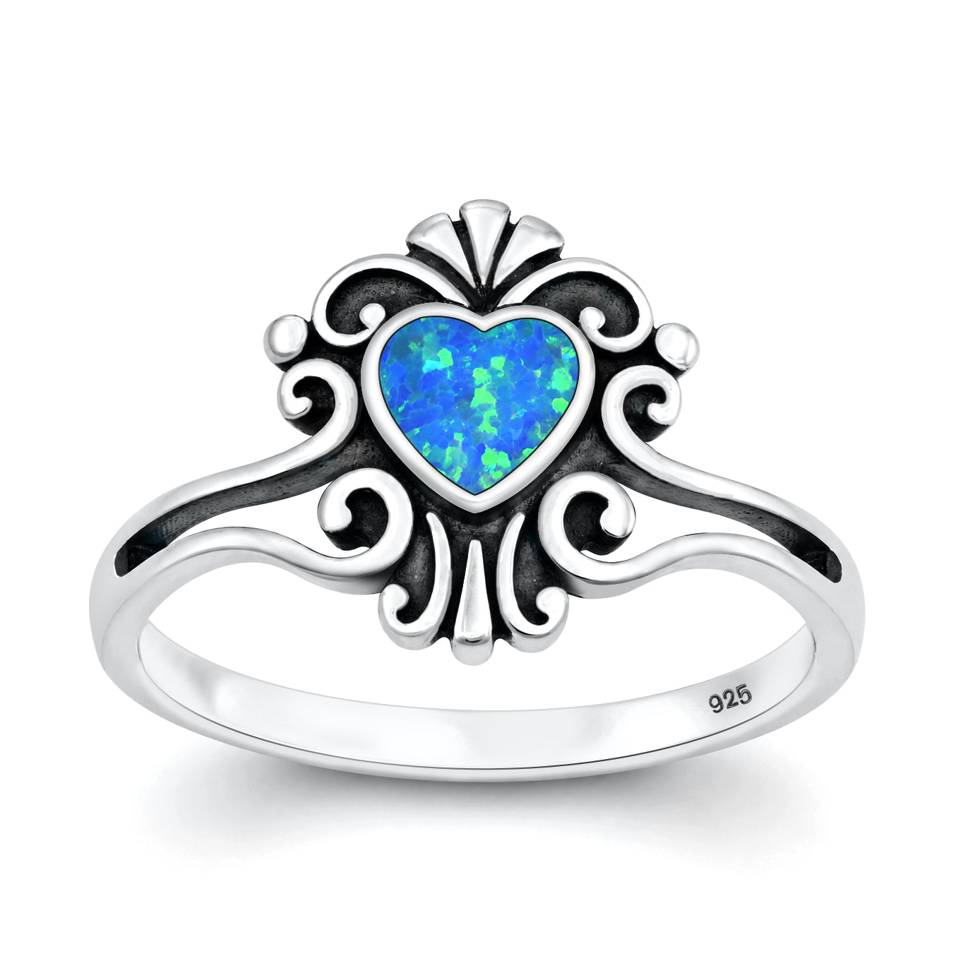 Silver Lab Opal Ring - Heart Filigree