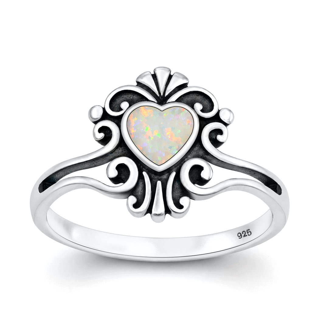 Silver Lab Opal Ring - Heart Filigree