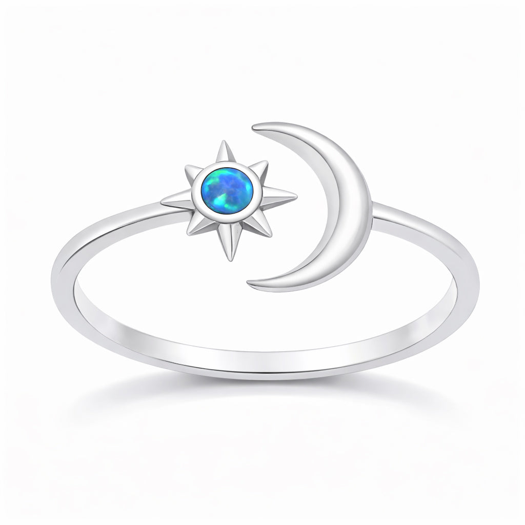 Silver Lab Opal Ring - Moon & Star