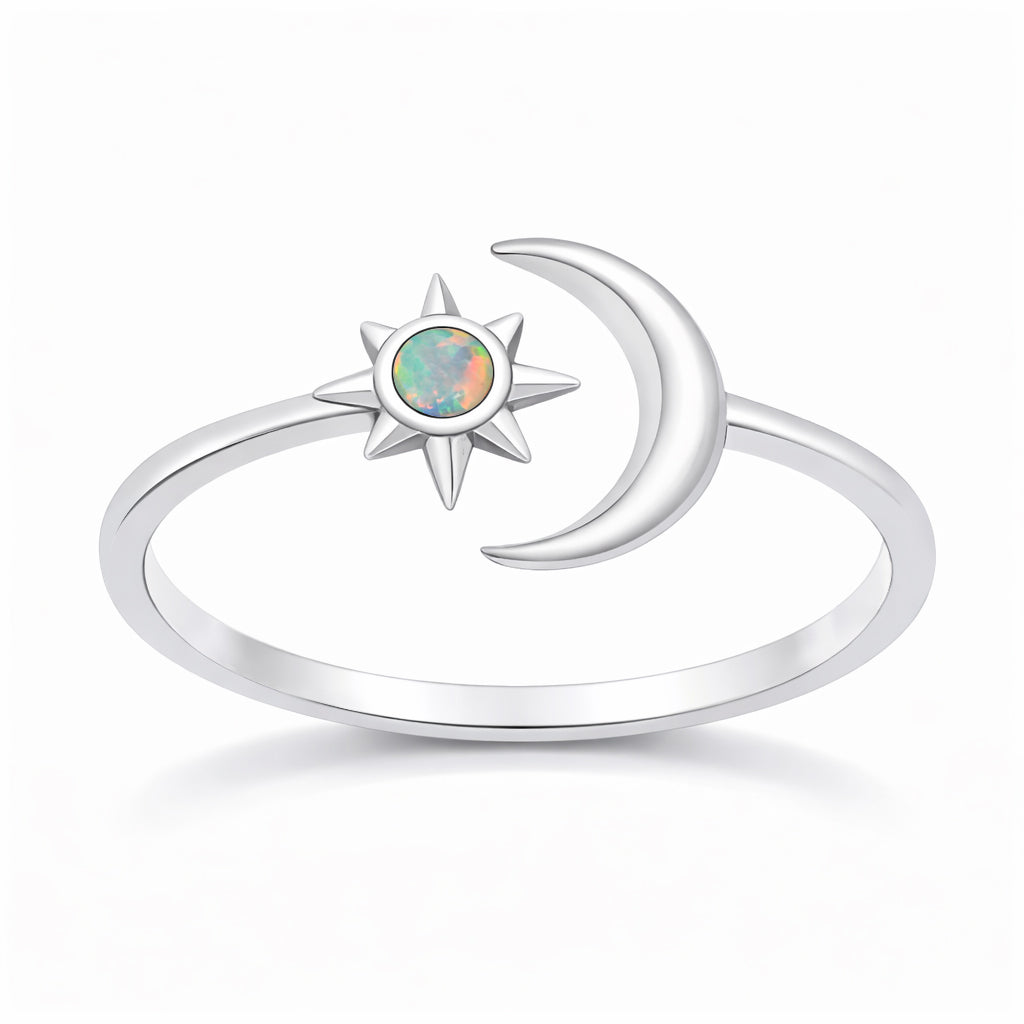 Silver Lab Opal Ring - Moon & Star