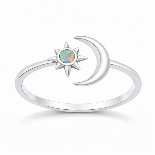 Silver Lab Opal Ring - Moon & Star