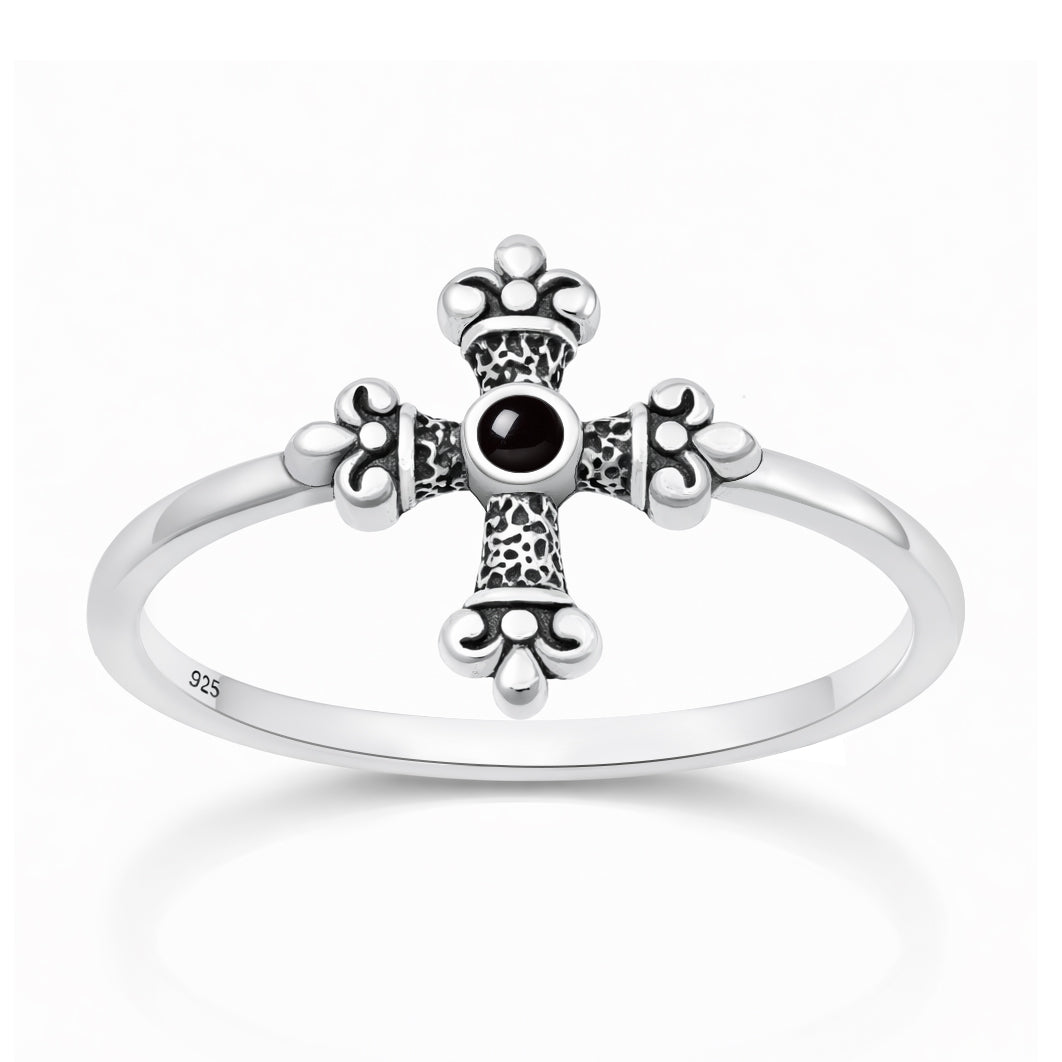 Silver Stone Ring - Medieval Cross