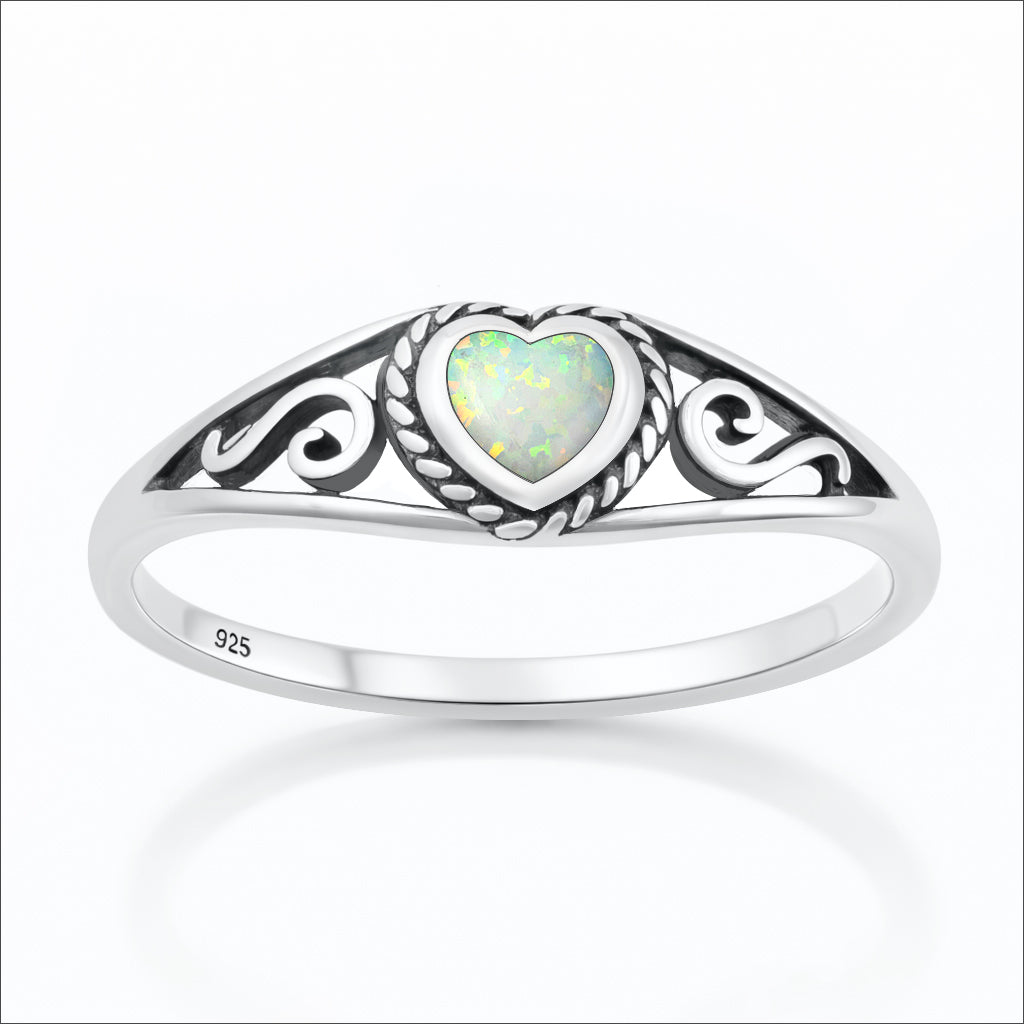Silver Lab Opal Ring - Heart
