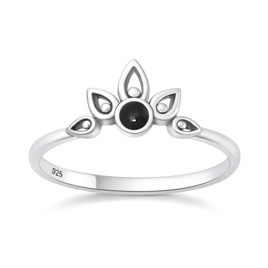Silver Stone Ring - Lotus Crown