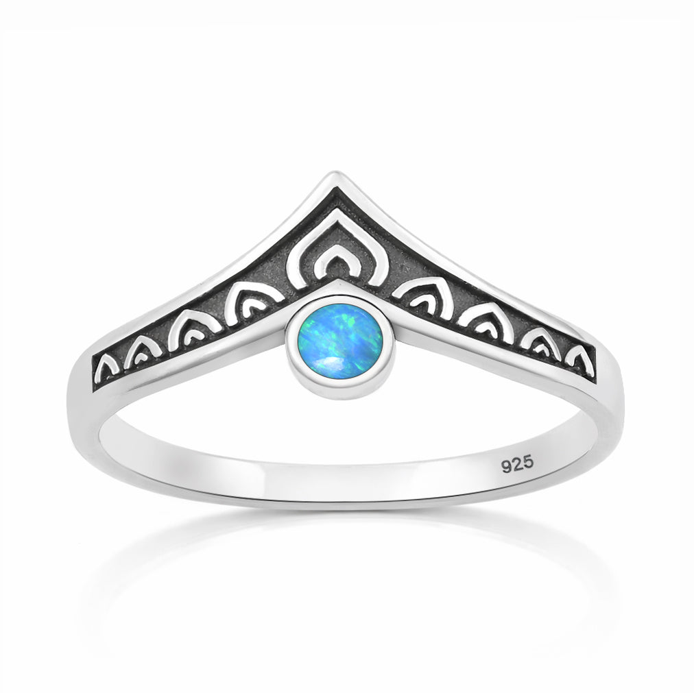 Silver Lab Opal Ring - V Shaped
