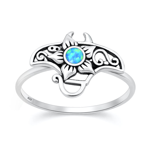 Silver Lab Opal Ring - Manta Ray & Flower