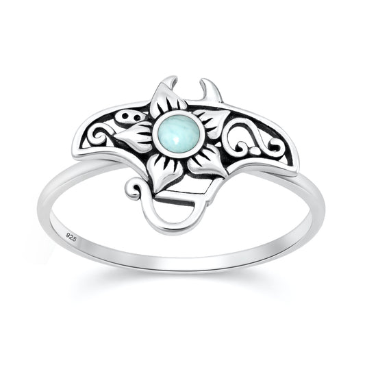 Silver Stone Ring - Manta Ray & Flower