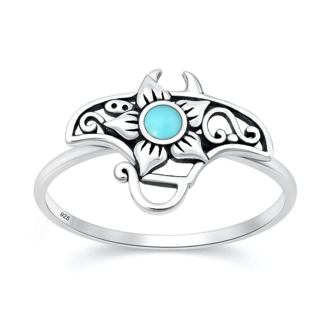 Silver Stone Ring - Manta Ray & Flower