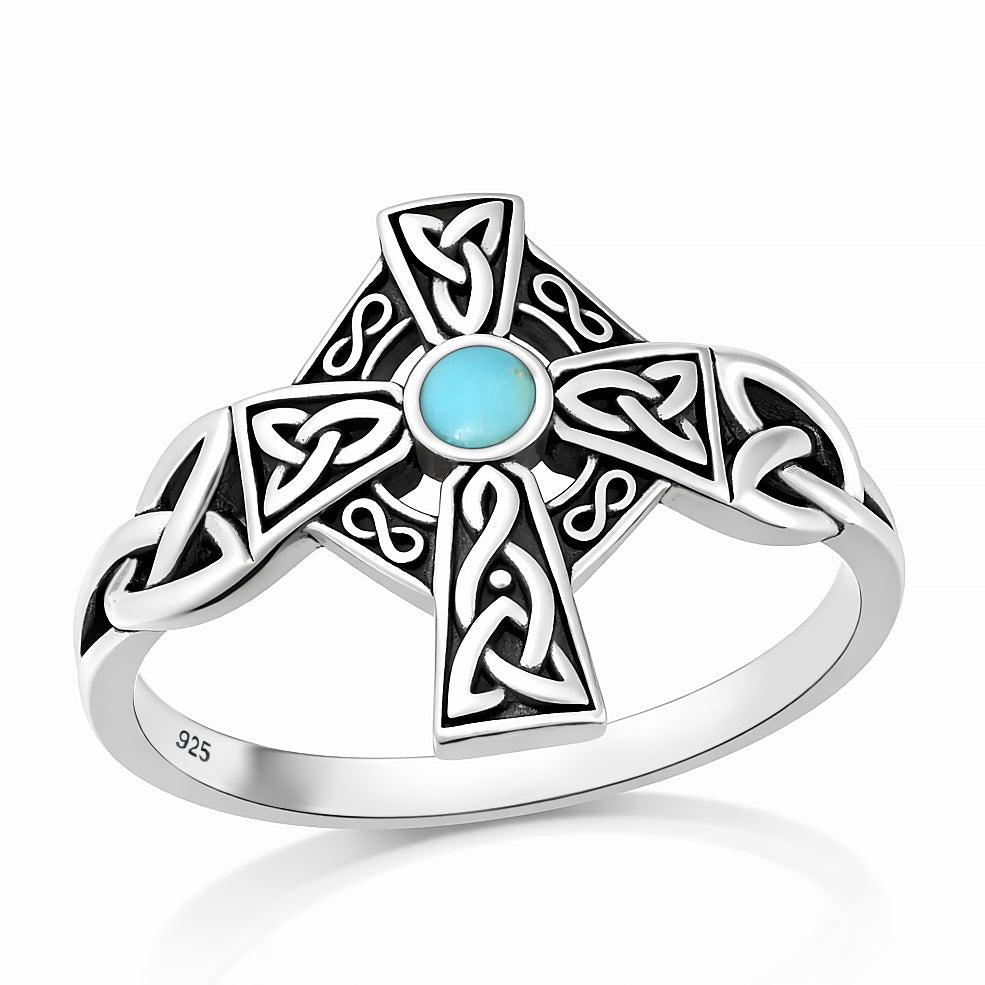 Silver Stone Ring - Celtic Cross