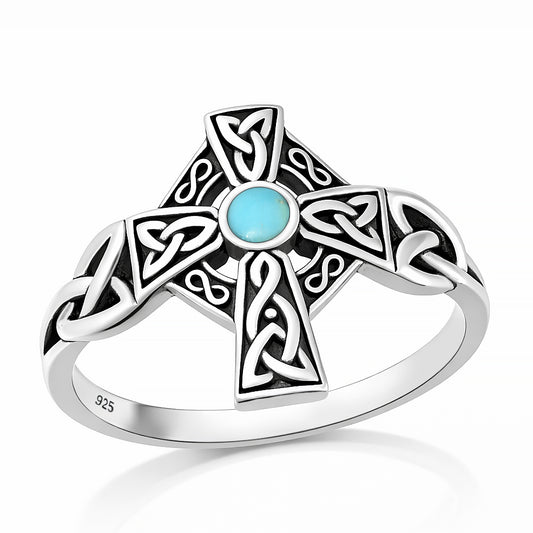 Silver Stone Ring - Celtic Cross