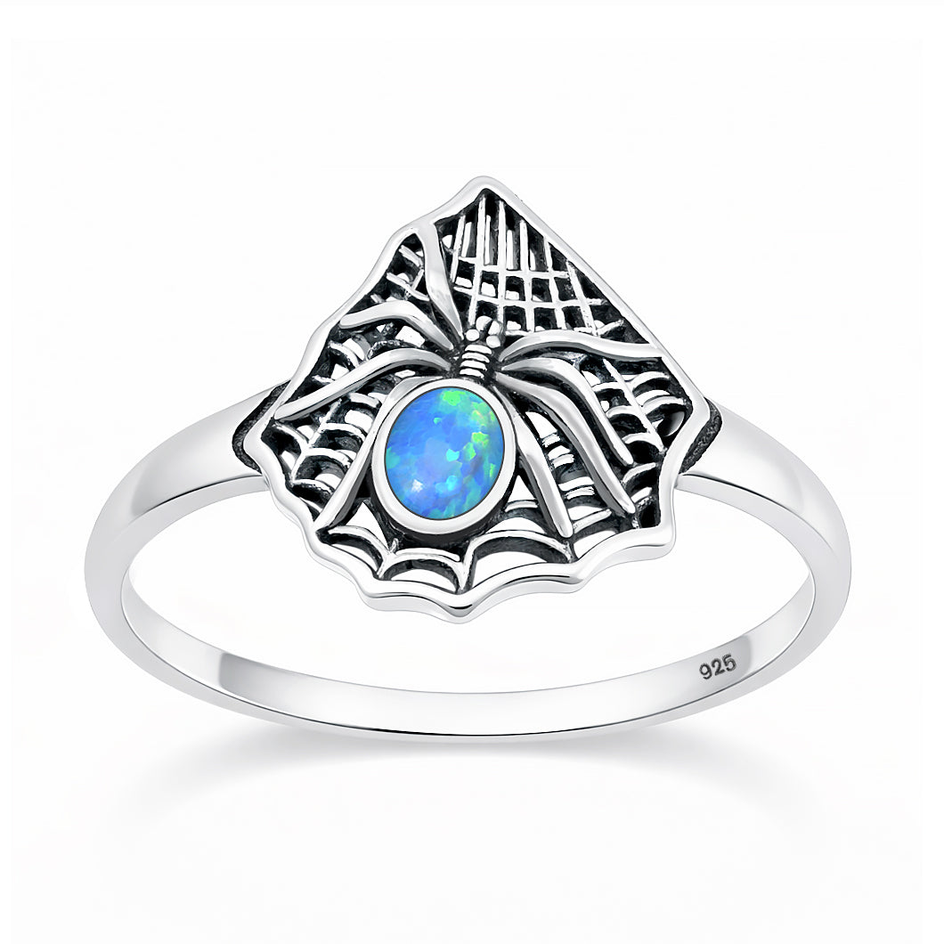 Silver Lab Opal Ring - Spider & Web