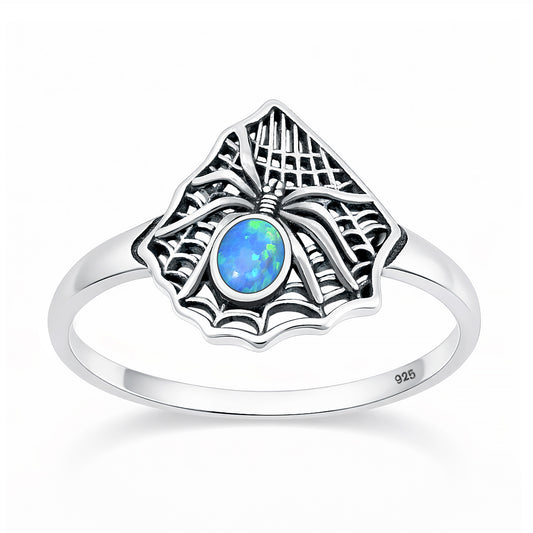 Silver Lab Opal Ring - Spider & Web