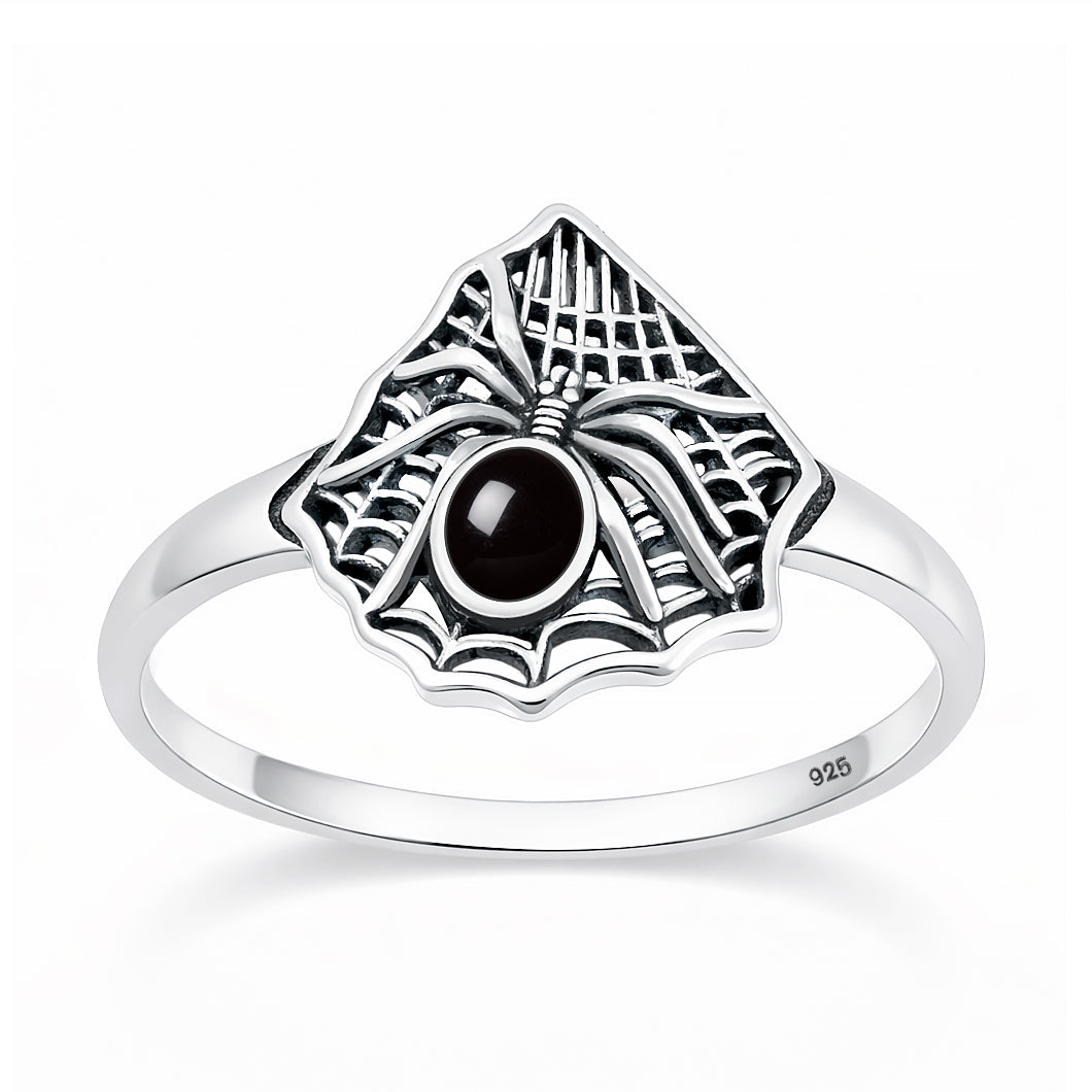 Silver Stone Ring - Spider & Web