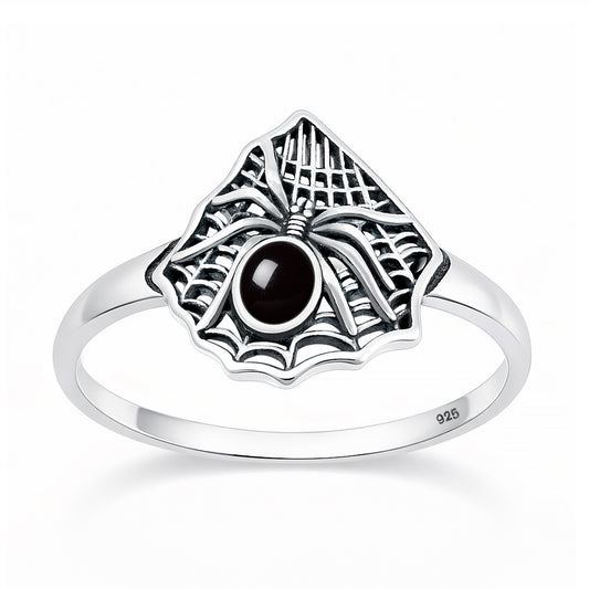 Silver Stone Ring - Spider & Web