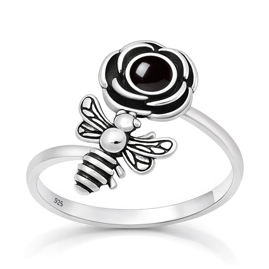 Silver Stone Ring - Flower & Bee
