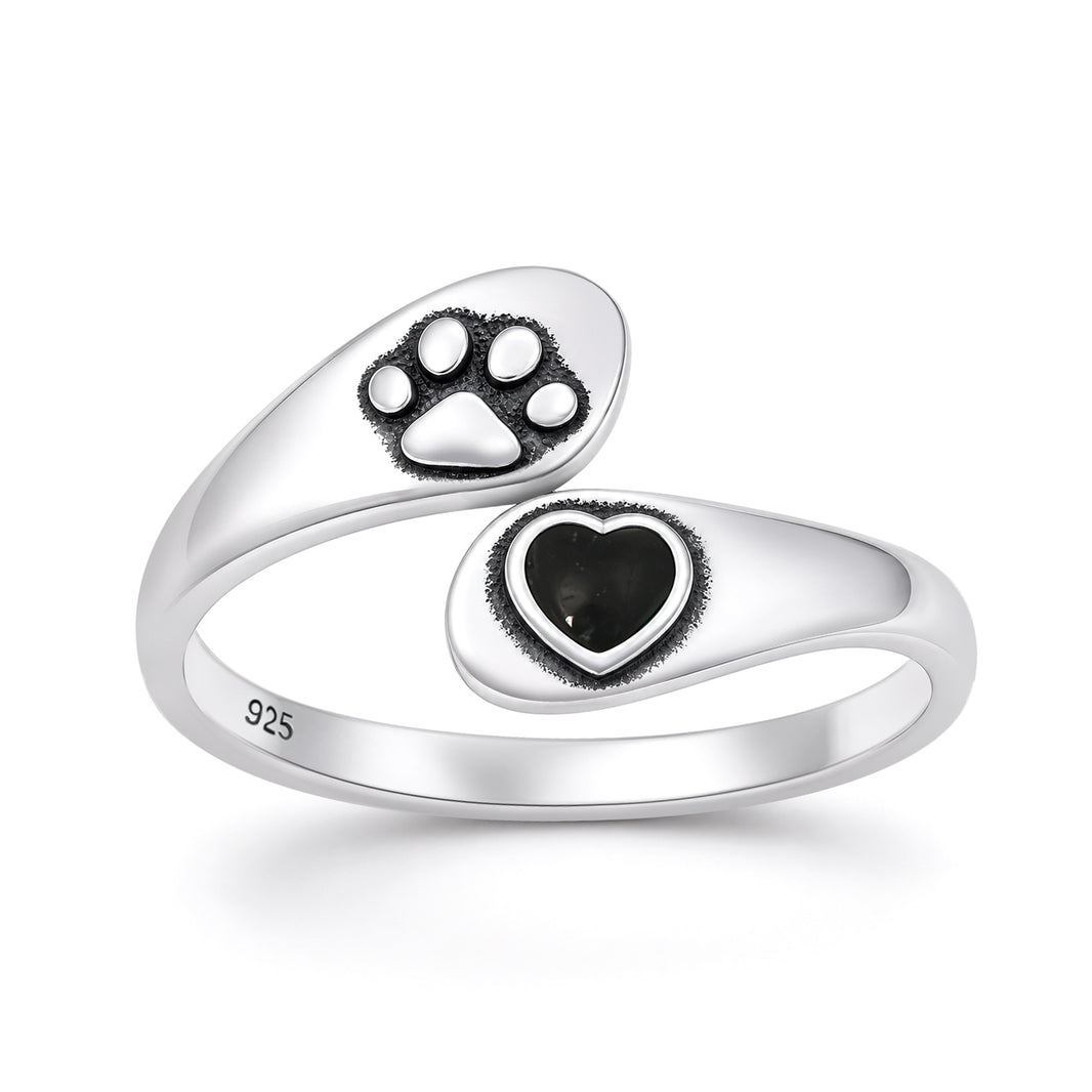 Silver Stone Ring - Paw Print & Heart