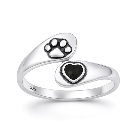 Silver Stone Ring - Paw Print & Heart