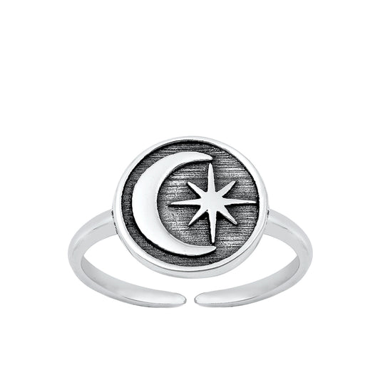 Silver Toe Ring - Crescent Moon & Star