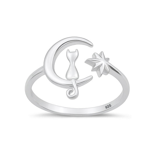 Silver Toe Ring - Cat, Moon, Star