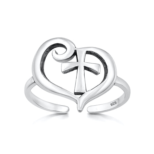 Silver Toe Ring - Heart & Cross