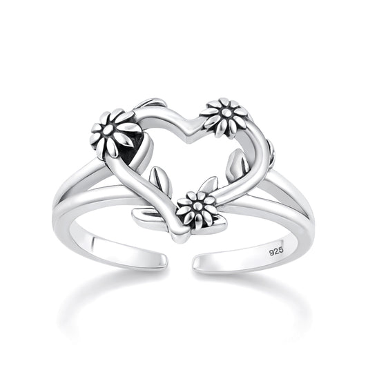 Silver Toe Ring - Heart & Flowers