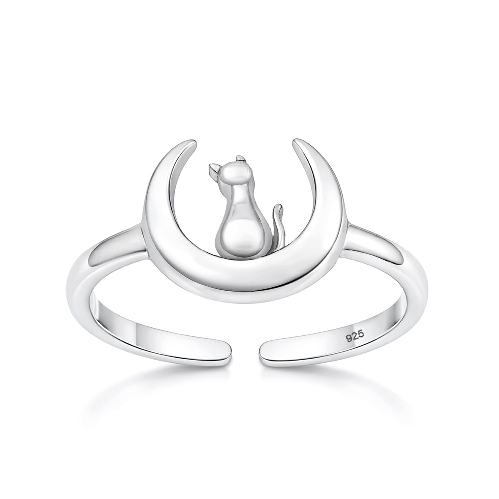 Silver Toe Ring - Cat on Moon
