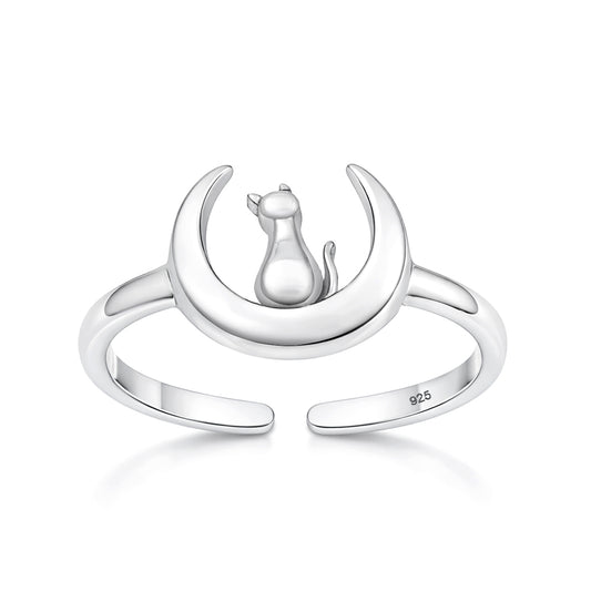 Silver Toe Ring - Cat on Moon