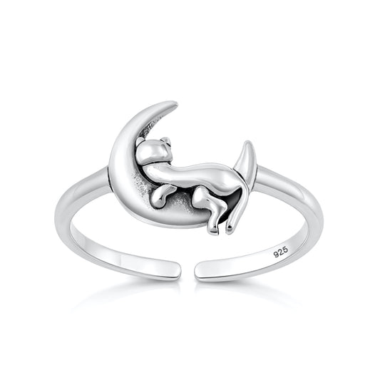 Silver Toe Ring - Cat on Moon