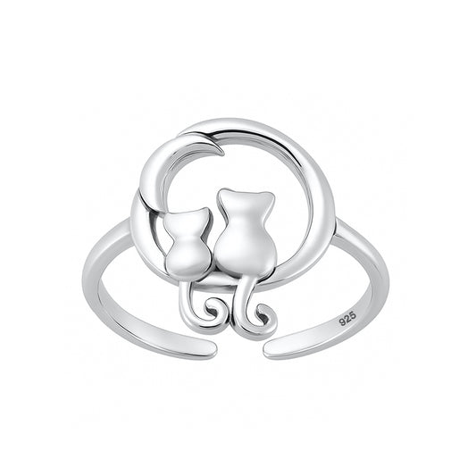 Silver Toe Ring - Cats & Moon