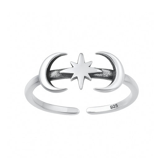 Silver Toe Ring - Moon & Star