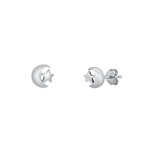 Silver Stud Earrings -  Moon & Star